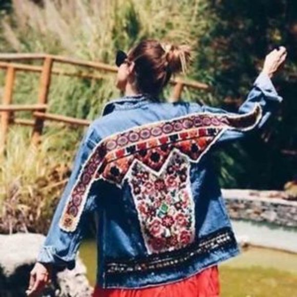 Boho Denim Blue Floral Embroidered Jean Jacket - Picture 3 of 11